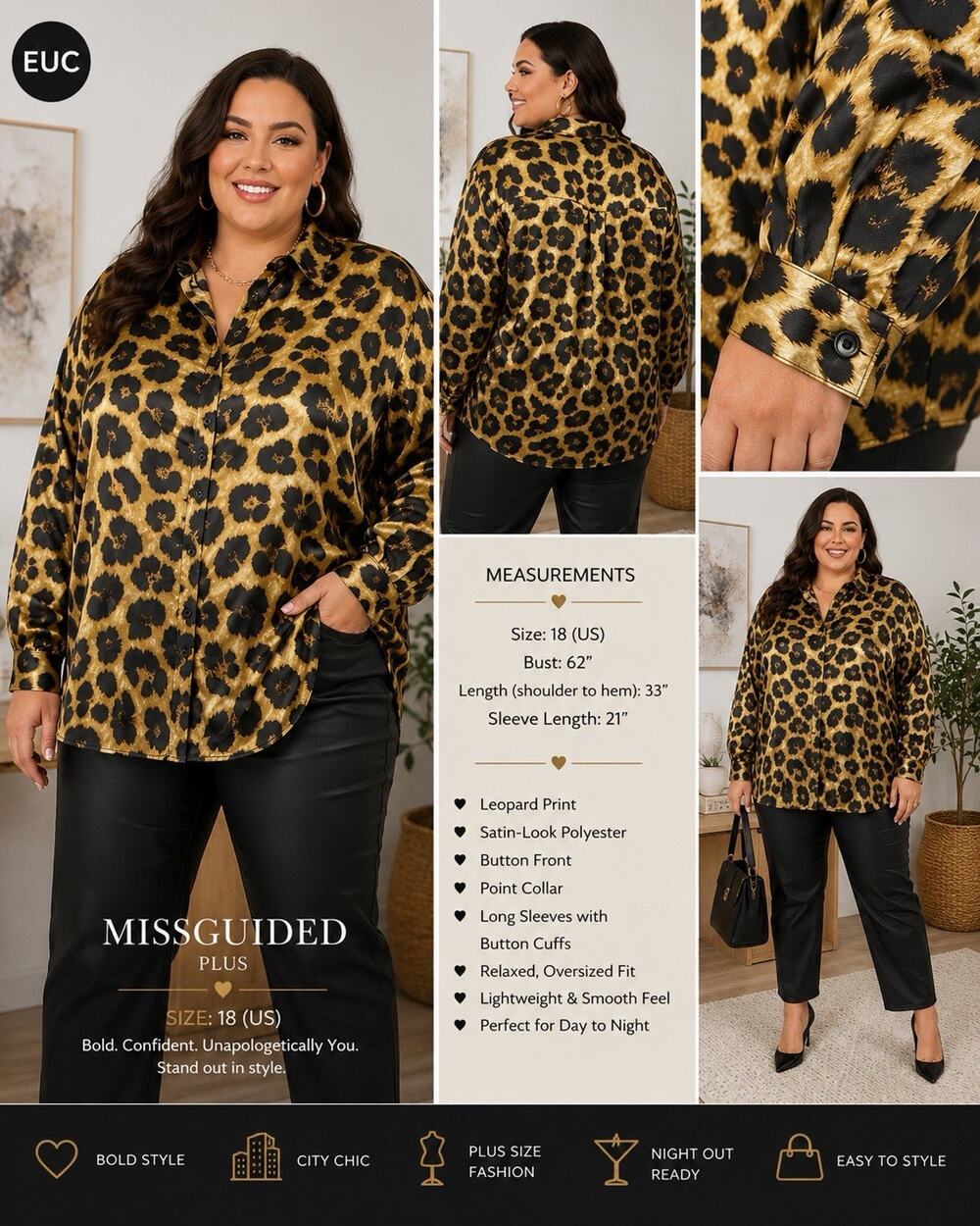 Missguided Plus Leopard Print Satin Button Front Blouse Size 18 EUC Edgy Chic